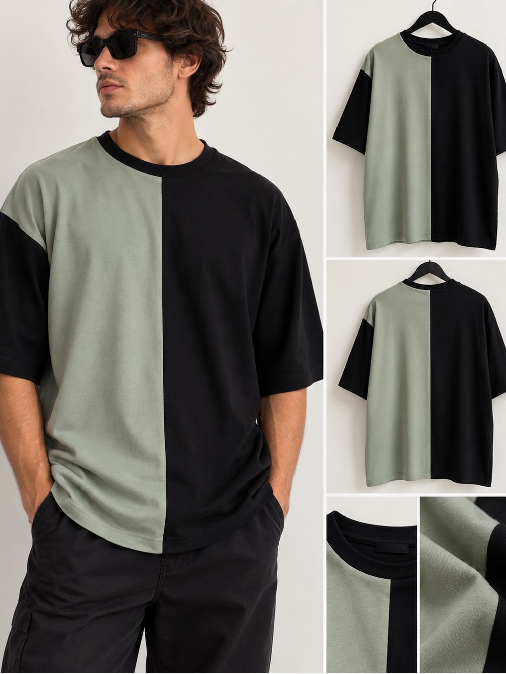 Men's Split-Panel Sage and Black Crewneck Tee Organic Cotton